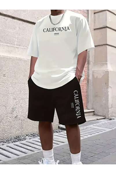 ship master Men's California Letter Print T-Shirt Shorts Set 100% Cotton Stre...