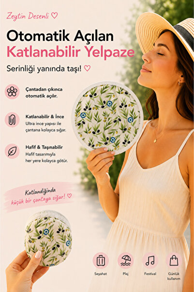 Handalin Zeytin Desenli Otomatik Açılan Katlanabilir Yuvarlak Yelpaze – Çanta...