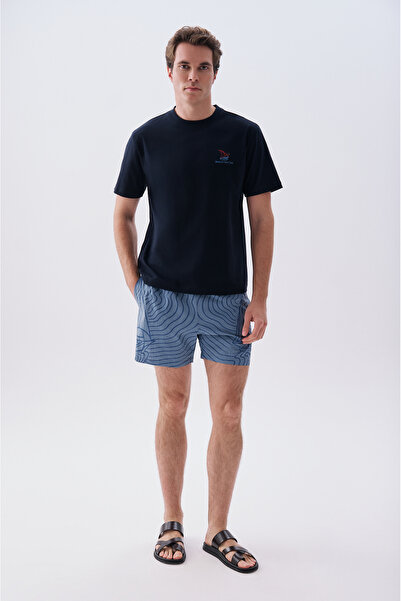 Mudo X Bozburun Yc Men's Gray Blue Patterned Straight Fit Swimsuit