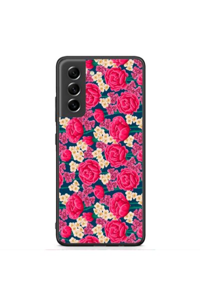 Other Samsung S21 FE Red and pink Flowers Black Glossy Θήκη