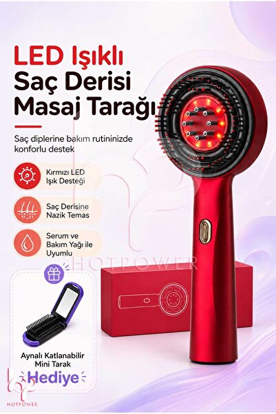 HOT POWER LED Işıklı Saç Derisi Masaj Tarağı Serum Yağı Uyumlu Aynalı Mini Ta...