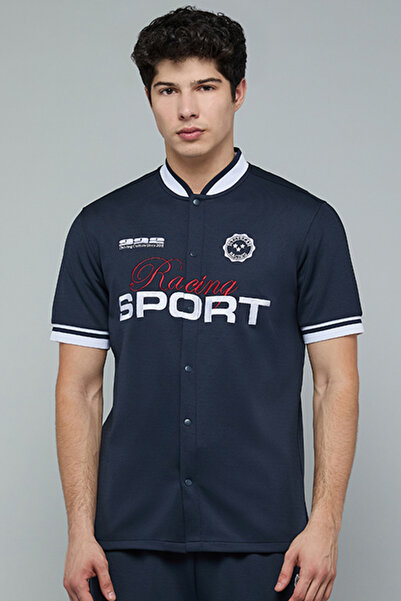 R&B Embroidered Shirt with Stand Collar and Short Sleeves