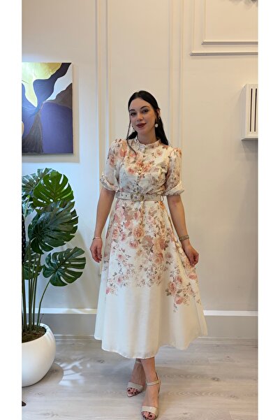 SHIN Butik SHIN Kemer Detaylı Çiçek Desenli Vintage Midi Elbise
