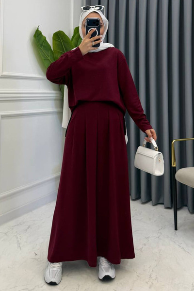 Mogi Butik Pleated Long Skirt Modal Hijab Oversize Women's Suit 3201