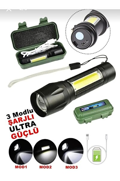 EFA HOME Şarjlı LED El Feneri 3 Modlu Ultra Güçlü COB Işıklı USB Şarjlı Taşım...