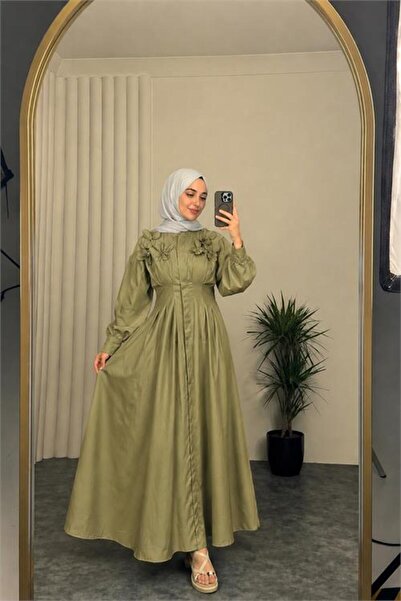 Neşeli Butik فستان نسائي أخضر بتفاصيل زهور وحزام خصر، فستان إسلامي فاخر NBVQ4933