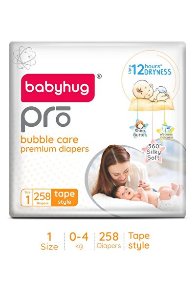 Babyhug حفاضات برو بابل كير بريميوم ذات الشريط اللاصق، مقاس 1 - 258 قطعة