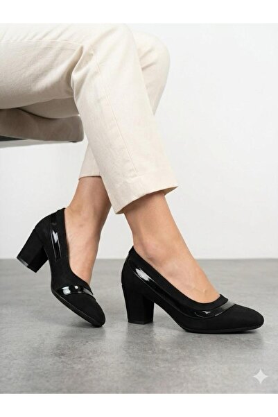 Lütfi Women's Black Suede Thick Heel Comfortable Fit Heeled Shoes