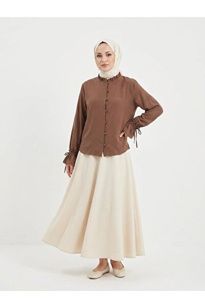 Foremia Sleeve Tunnel Collar Ruffle Tunic-Brown