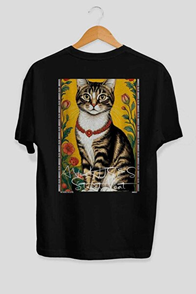 Ankhises For the Love of Cats 106 Cat Printed Black Oversize T-Shirt 100% Cot...