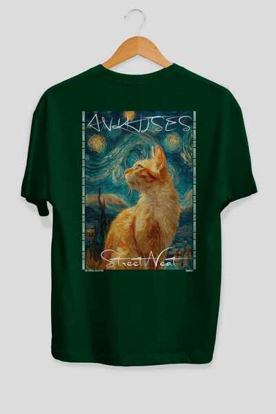Ankhises For the Love of Cats 71 Cat Printed Green Oversize T-Shirt 100% Cott...
