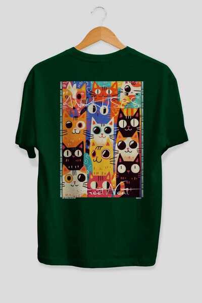 Ankhises 42 Cats for the Sake of Cats Printed Green Oversize T-Shirt 100% Cot...
