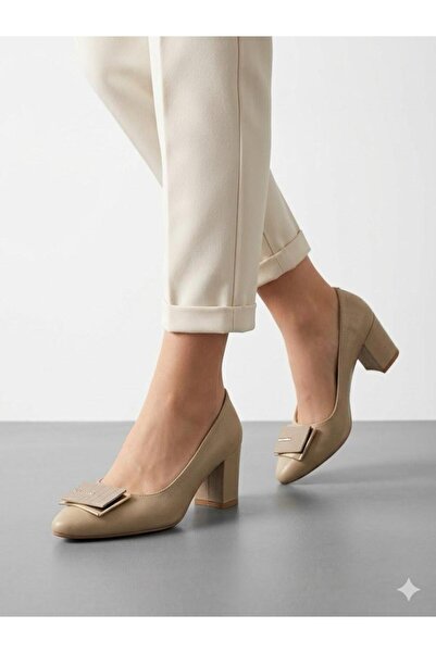 Lütfi Women's Gold Thick Heel Comfortable Fit Heeled Shoes