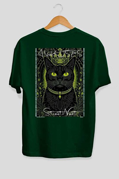 Ankhises For the Love of Cats 68 Cats Printed Green Oversize T-Shirt 100% Cot...