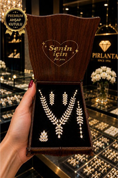 HUBANN Bianca Markiz Kesim Zirkon Taşlı Yaprak Desen 4'lü Abiye Takı Seti Rod...