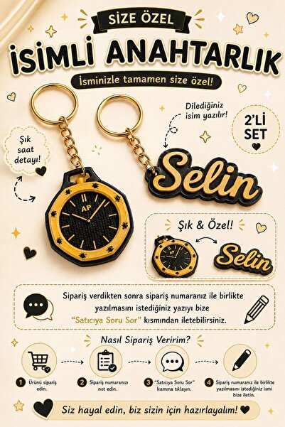 Ticisoft Kişiye Özel İsimli Altın Renkli Royal Pop Saat Anahtarlık | Kişisell...