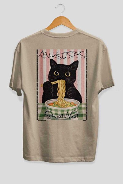Ankhises For the Love of Cats 28 Cats Printed Beige Oversize T-Shirt 100% Cot...