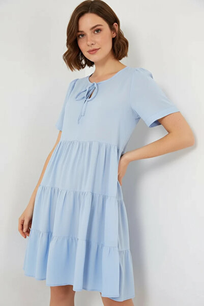 Şeker Portakalım Women's Round Neck Gathered Waist Short Sleeve Ruffled Visco...