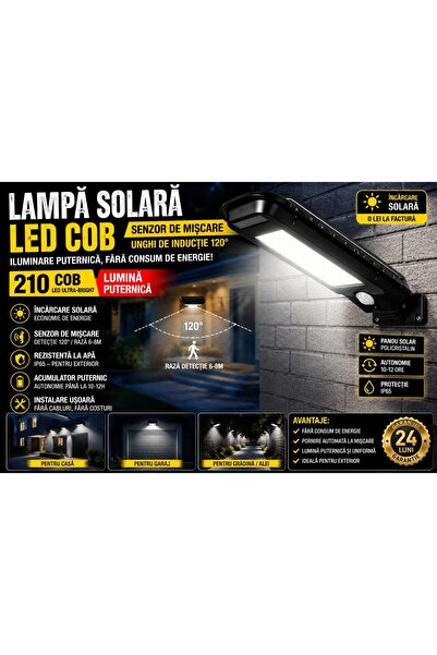 OEM Lampa Solara LED COB 210 LED-uri, Senzor de Miscare PIR, Unghi Detectie 1...