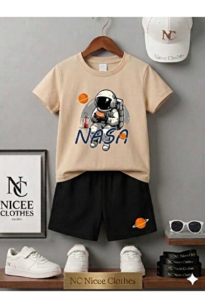 NC Nicee Clothes تي شيرت صيفي للأطفال شورت للجنسين (طباعة رائد فضاء ناسا)