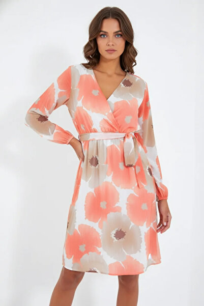 Generic Brand Women's V-Neck Belted Floral Patterned Chiffon Orange Beige Dress