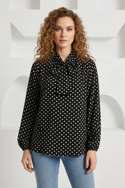 buğrahayalin Women's Scarf Collar Polka Dot Black Blouse