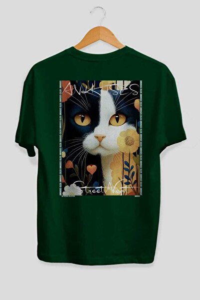 Ankhises 33 Cats for Cat Lovers Printed Green Oversize T-Shirt 100% Cotton Un...