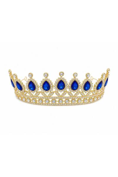 OEM Tiara aurie cu cristale teardrop cobalt - decor regal