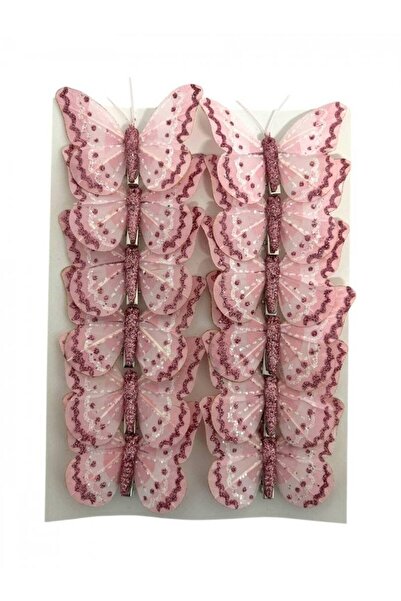 OEM Fluturi Decorativi Din Pene Colorate Roz Cu Sclipici 12/Set