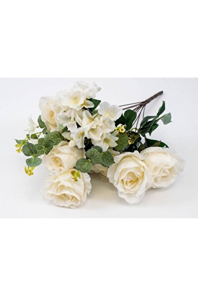 OEM Flori Artificiale Buchet 5 Trandafiri Cu 2 Hortensii Si 3fire Flori Crem