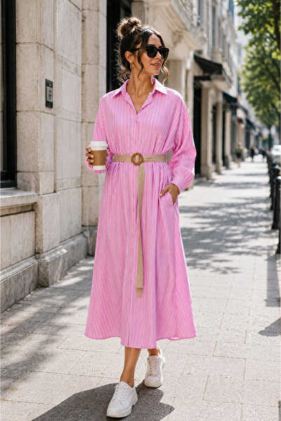 Diva Exclusive Fashion Rochie Tip Cămașă Oversized Roz cu Dungi Fine și Centu...
