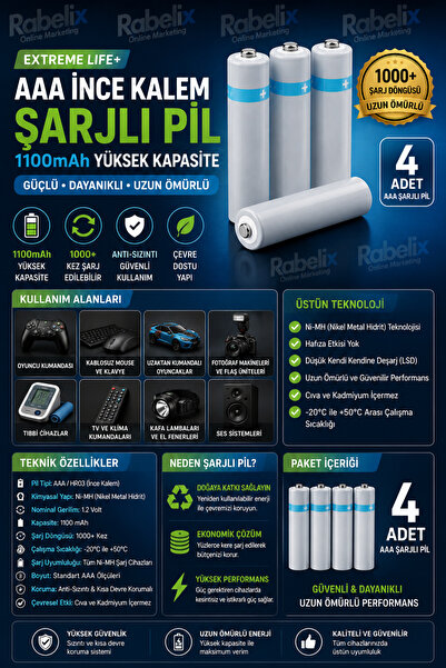 Rabelix Online Marketing 4 Adet Extreme Life+ 1.2V AAA Şarjlı Pil 1100mAh İnc...