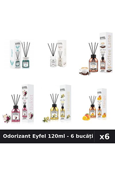 Eyfel Set 6 Odorizant Camera cu Bețișoare 120ml - Angel, Bumbac, Cafea, Bouquet
