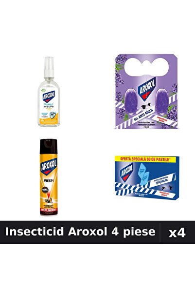 Aroxol Set 4 Insecticid - Loțiune 85ml, Spray 400ml, Spirale 2+60 buc - Prote...