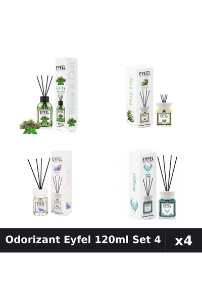 Eyfel Set 4 Odorizant Camera Betișoare 120ml - Angel, Lacramioare, Orhidee, P...
