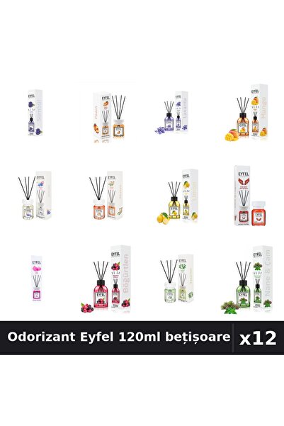 Eyfel Set 12 Odorizant Cameră Bețișoare 120ml - 12 Arome Asortate, Parfum Intens