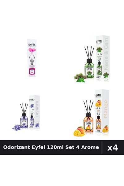 Eyfel Set 4 Odorizant Cameră Betișoare 120ml - Bubble Gum, Lavandă, Mango, Pi...