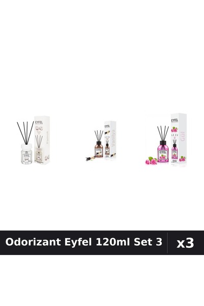 Eyfel Set 3 Odorizant Camera Betisoare 120ml - Bumbac, Vanilie, Trandafir