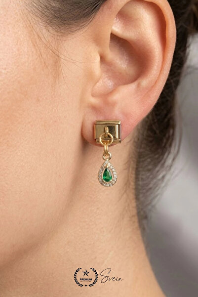 Svein # Earrings 316L Steel Gold Color Dangle Drop Earrings Green Zircon Ston...