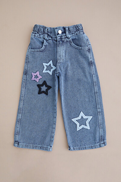 Fulla Moda Elastic Waist Star Embroidered Girl's Trousers Palazzo Pants