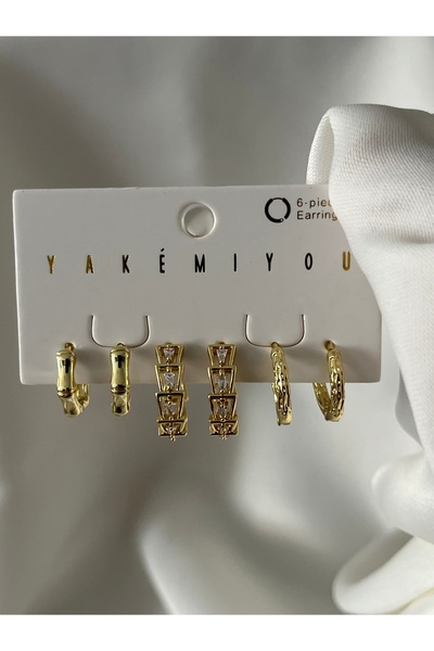 yeknova VIP 14K Gold Renginde Taşlı 3 Çift (6adet) Kararmaz Kadın Halka Küpe ...
