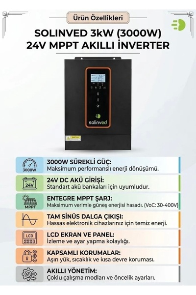 SOLİNVED 3 kW 3000W 24V Tam Sinüs Yüksek Voltaj MPPT Akıllı İnverter