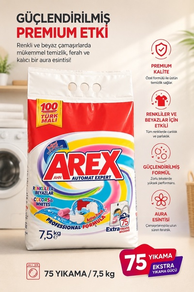 AREX MATİK TOZ ÇAMAŞIR DETERJANI 7.5 KG RENKLİLER & BEYAZLAR