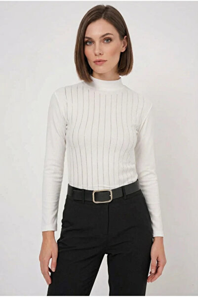 buğrahayalin Women's Turtleneck White Bodysuit with Stones and Vertical Stripes