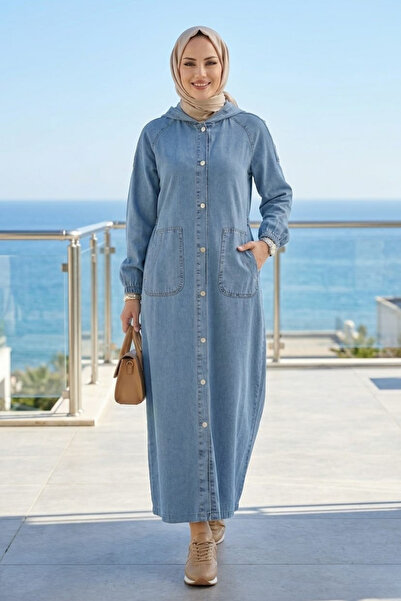 Hb Harma Time Butik Women's Hooded Buttoned Pocket Blue Denim Jacket