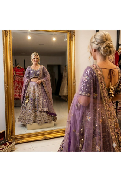 Aashiv's Collection Gelinlik Hint Lehenga Choli Gelinlik Takımı Mor İşlemeli