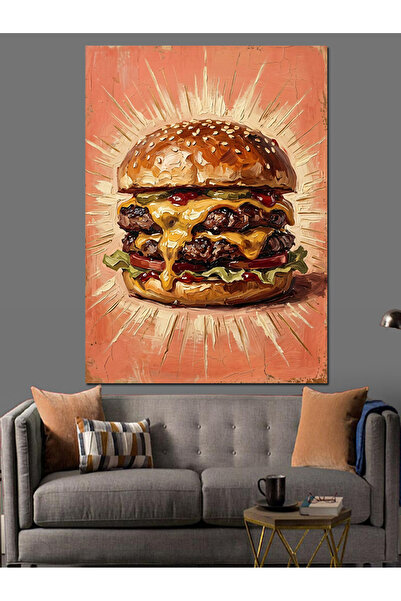 Tablo Mega İştah Açıcı Büyük Katlı Hamburger Dekoratif Kanvas - Mdf Ahşap Tablo