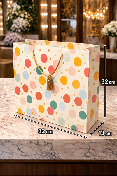 BİLGİ K K Luxury Cardboard Bag with Drawstring Cream-Colored Polka Dot Patter...