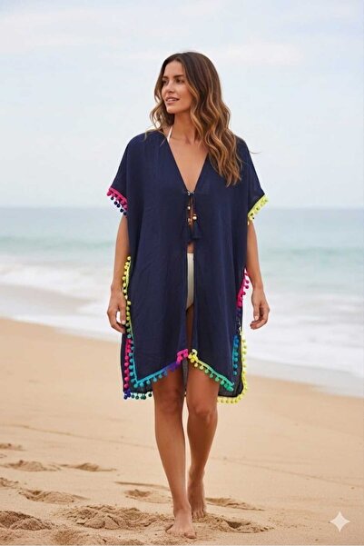 MODA RENKLİ PONPON VE PÜSKÜL İP DETAYLI OVERSİZE LACİVERT PAREO
