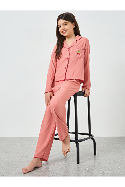 Take Two By Styli Teen Girls Textured Long Sleeve Shirt and Pyjama Set